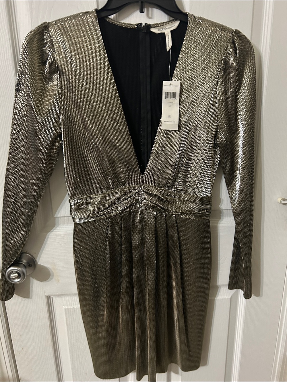 BCBGeneration Metallic Gold Long-Sleeve V-Neck Dress